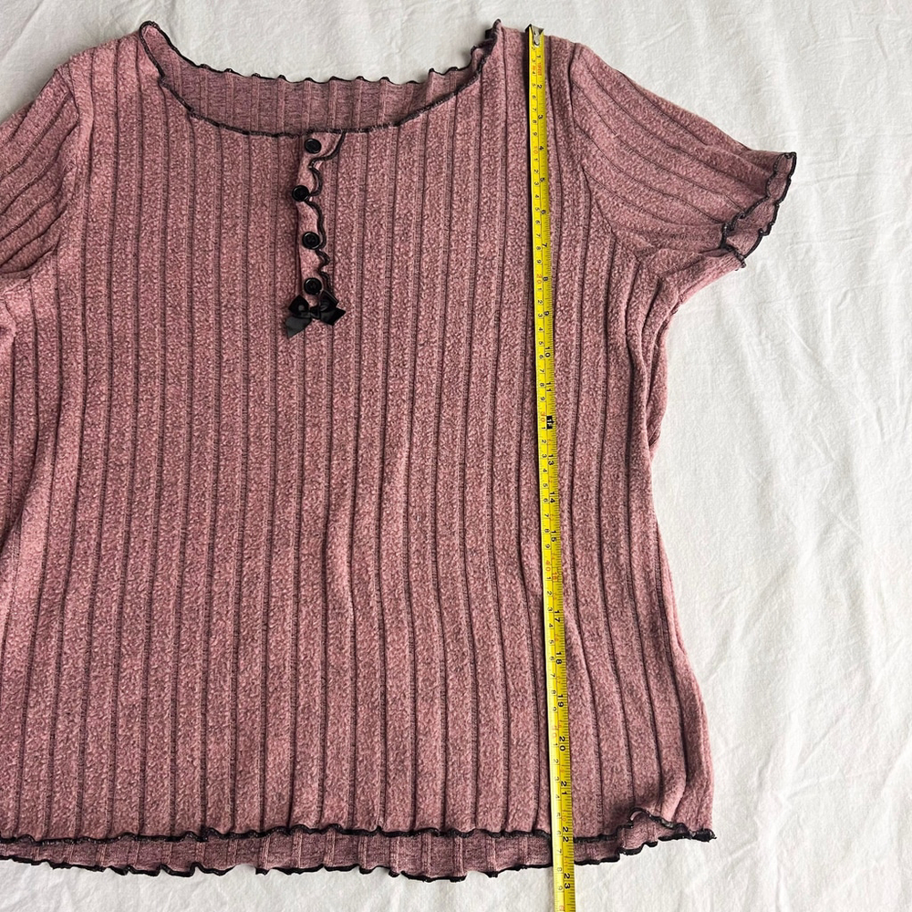 Mauve Ribbed Knit Henley Top Ruffle Trim and Bow Womens L Coquette Y2K Preppy - Picture 6 of 6